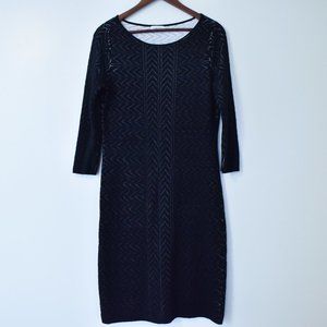 Calvin Klein black lace knit midi dress with white liner and 3/4 sleeves